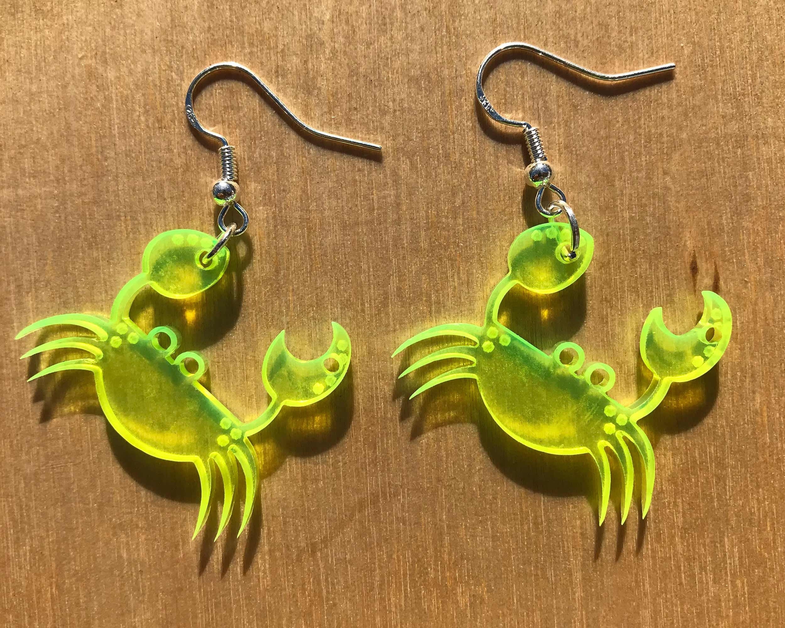 Crab Earrings Fluorescent Colored Acrylic UV Reactive Etsy.de