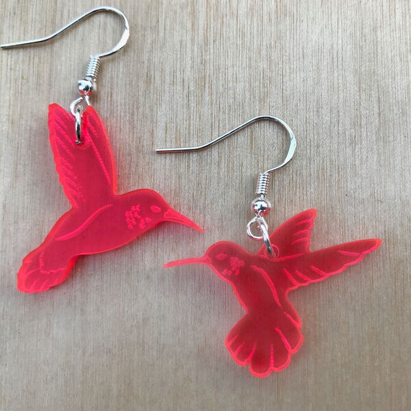 Non-matching Hummingbird Earrings | UV Reactive |  Fluorescent Acrylic | Neon Pink, Orange, Yellow or Green | Lasercut Jewelry | Blacklight