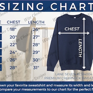 May include: Sizing chart for a navy blue crewneck sweatshirt with measurements in inches for chest and length. The chart shows sizes XS through 2XL. The text "LANE SEVEN #LS14004 PREMIUM CREWNECK SWEATSHIRT" is at the bottom of the chart.
