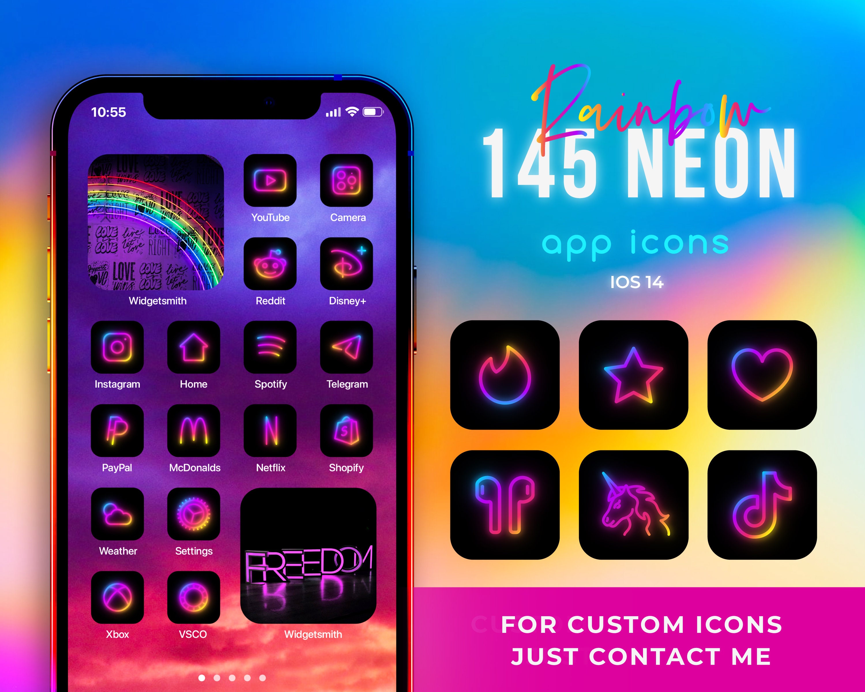 145 Rainbow Neon iOS 14 Icons Neon App Covers IOS 14 Icons Etsy