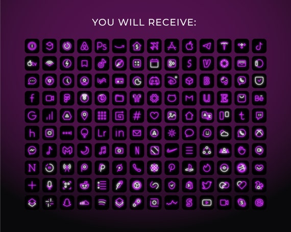 140 App Icons Ios 14 Violet Neon App Covers Ios 14 Widgets Etsy