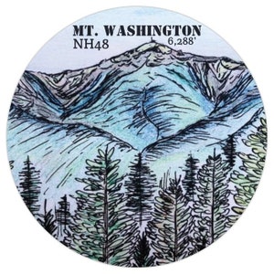 May include: A black and white illustration of Mount Washington, New Hampshire, with the text "MT. WASHINGTON NH48 6,288'" at the top. The mountain is depicted with a blue and green watercolor wash, and the surrounding forest is shown in black and white.