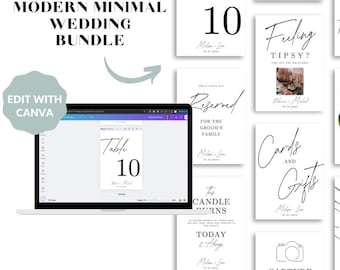 May include: A digital download bundle of printable wedding signs in a modern minimalist style. The signs include table numbers, a sign for the groom's family, a sign for cards and gifts, a sign for a honeymoon fund, a sign for a signature drink, a sign for cocktails, a sign for capturing the love, and a sign that says "Feeling Tipsy? Tips for the newlyweds".
