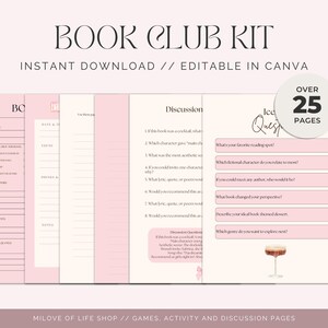 Pode incluir: Um kit de clube de leitura rosa e creme com o texto "BOOK CLUB KIT" e "INSTANT DOWNLOAD // EDITABLE IN CANVA". O kit inclui mais de 25 p&aacute;ginas de discuss&atilde;o e atividades.