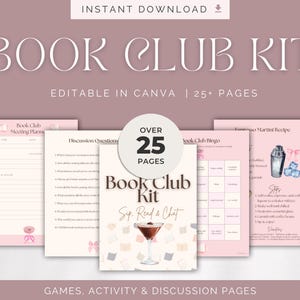 Może przedstawiać: R&oacute;żowy i biały cyfrowy zestaw Book Club Kit z tekstem "Book Club Kit" i "Editable in Canva | 25+ Pages". Zestaw zawiera plany spotkań, pytania do dyskusji, bingo i przepis na martini.