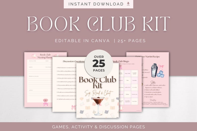 Może przedstawiać: R&oacute;żowy i biały cyfrowy zestaw Book Club Kit z tekstem "Book Club Kit" i "Editable in Canva | 25+ Pages". Zestaw zawiera plany spotkań, pytania do dyskusji, bingo i przepis na martini.