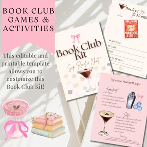 Może przedstawiać: R&oacute;żowy i biały zestaw klubu książki z tekstem "Book Club Games & Activities". Zestaw zawiera szablony do druku na książkę miesiąca, zestaw klubu książki i przepis na espresso martini. Istnieją r&oacute;wnież ilustracje książek i koktajli.