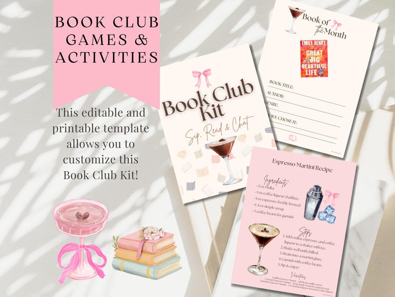 Może przedstawiać: R&oacute;żowy i biały zestaw klubu książki z tekstem "Book Club Games & Activities". Zestaw zawiera szablony do druku na książkę miesiąca, zestaw klubu książki i przepis na espresso martini. Istnieją r&oacute;wnież ilustracje książek i koktajli.