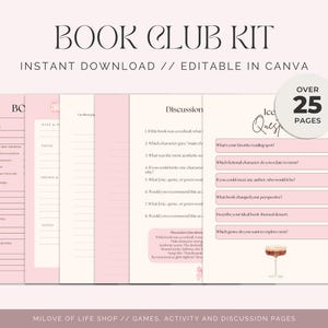 Może przedstawiać: R&oacute;żowo-kremowy zestaw klubu książki z tekstem "BOOK CLUB KIT" i "INSTANT DOWNLOAD // EDITABLE IN CANVA". Zestaw zawiera ponad 25 stron dyskusji i aktywności.