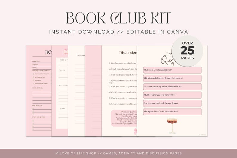 Może przedstawiać: R&oacute;żowo-kremowy zestaw klubu książki z tekstem "BOOK CLUB KIT" i "INSTANT DOWNLOAD // EDITABLE IN CANVA". Zestaw zawiera ponad 25 stron dyskusji i aktywności.
