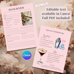 Może przedstawiać: Dwa r&oacute;żowe szablony do druku: recenzja książki i przepis na espresso martini. Szablon recenzji książki zawiera sekcje na notatki i oceny. Szablon przepisu zawiera składniki, kroki i ilustrację koktajlu.