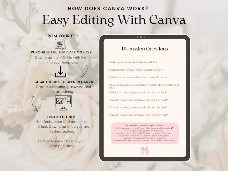 Może przedstawiać: Cyfrowy szablon na ekranie tabletu z tekstem "Pytania do dyskusji". Obraz zawiera instrukcje: kup szablon na Etsy, otw&oacute;rz w Canva i edytuj. Tekst "Easy Editing With Canva" znajduje się na g&oacute;rze.
