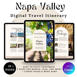 May include: Digital travel itinerary for Napa Valley, displayed on three tablets. The central tablet shows a travel itinerary with the text "Napa Valley" and "Complete Guide to Napa Valley". Other tablets display attractions and hotel booking information. The image includes the text "20+ PAGES" and "Edit in Canva".