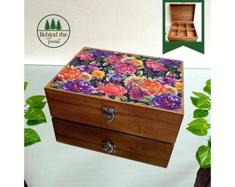 Floral Tea Box 6 Compartments, Brown Wooden Tea Bags Storage Box With Black Floral Top, Modern Garden Flowers Tea Box Gift For Tea Lover UK