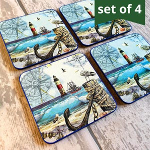 Blue Nautical Coasters Set of 4, Wooden Anchor Coasters, Beach House Decoration, Sea Side Themed Decor, Gift For Sailor, Ship Themed Gift