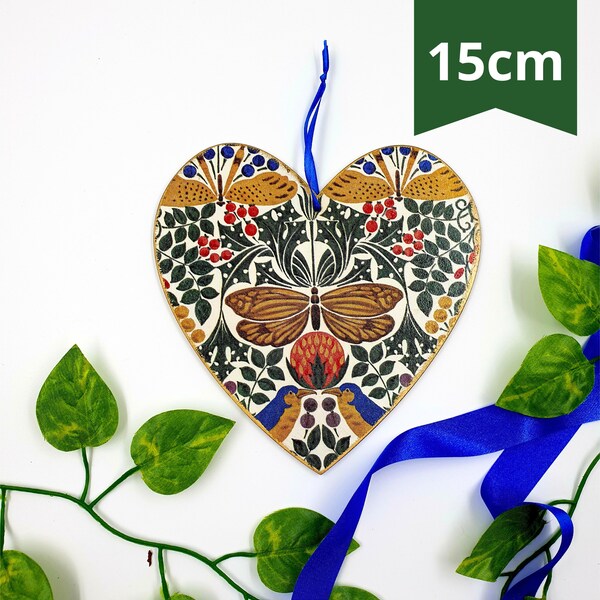 William Morris Strawberries Thief Hanging Heart, 15cm Wooden Hanging Heart With Moth And Birds, Floral Leaves Hanging Heart Gift Gold Edges
