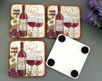 Ensemble de sous-verres de bouteille de vin rouge de 4 ou 2, cadeau de sous-verres en bois pour l’amour du vin, bouteille de vin rouge avec des verres cadeau sur le thème de l’alcool, cadeau de boissons
