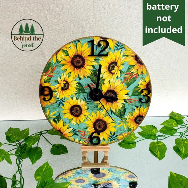 Sunflowers Wooden Clock, Floral Hand Decorated Wall Clock Blooming Vibrant Sunflower Turquoise Yellow Decorative Wall Clock Sunflower Gift