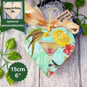 Personalised Parrot Hanging Heart Optional Gift Box Tropical Bird Vibrant Decoration Summer Drink Bar Hanging Decor Turquoise Wooden Heart