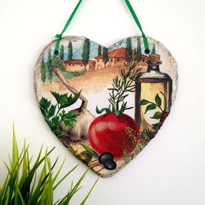 Vegetable Hanging Heart Kitchen Decoration, Slate Heart With Tomato Garlic And Herbs Gift For Cooking Lover Aromatic Kitchen Wall Decoration