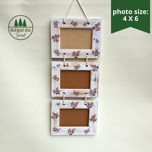 3 parts White Floral Frame, Wooden Horizontal Photo Frame With Pretty Pink Small Flowers, Roses Photo Frame, White And Pink Home Decoration