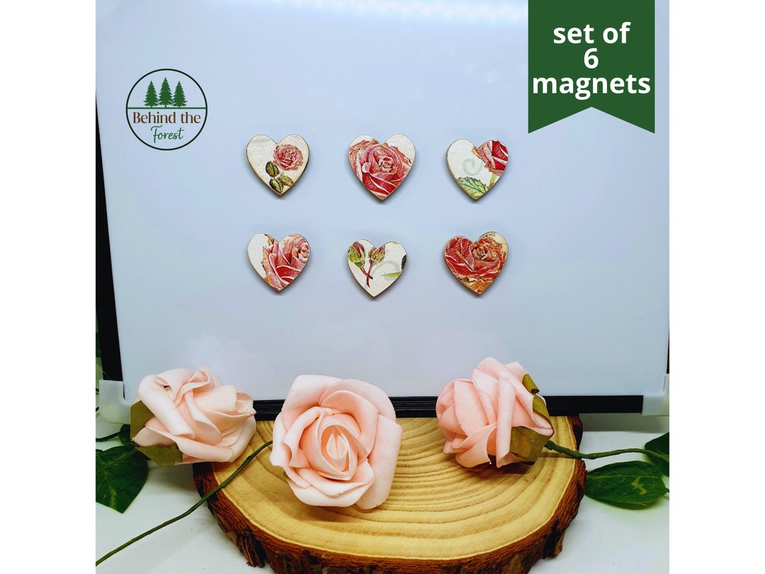 Pink Roses White Set, Small Wooden Hearts Set of 6 With