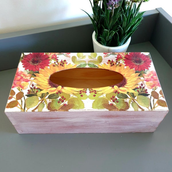 Sunflower Aster Tissue Box Holder, Rectangular Wooden Tissue Box With Burgundy Red Aster And Yellow Sunflower, Red And White Shabby Chic Box