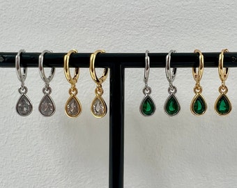 Tiny Emerald Droplet Huggie Hoop Earrings in Sterling Silver or Gold, Geometric Hoop Earrings