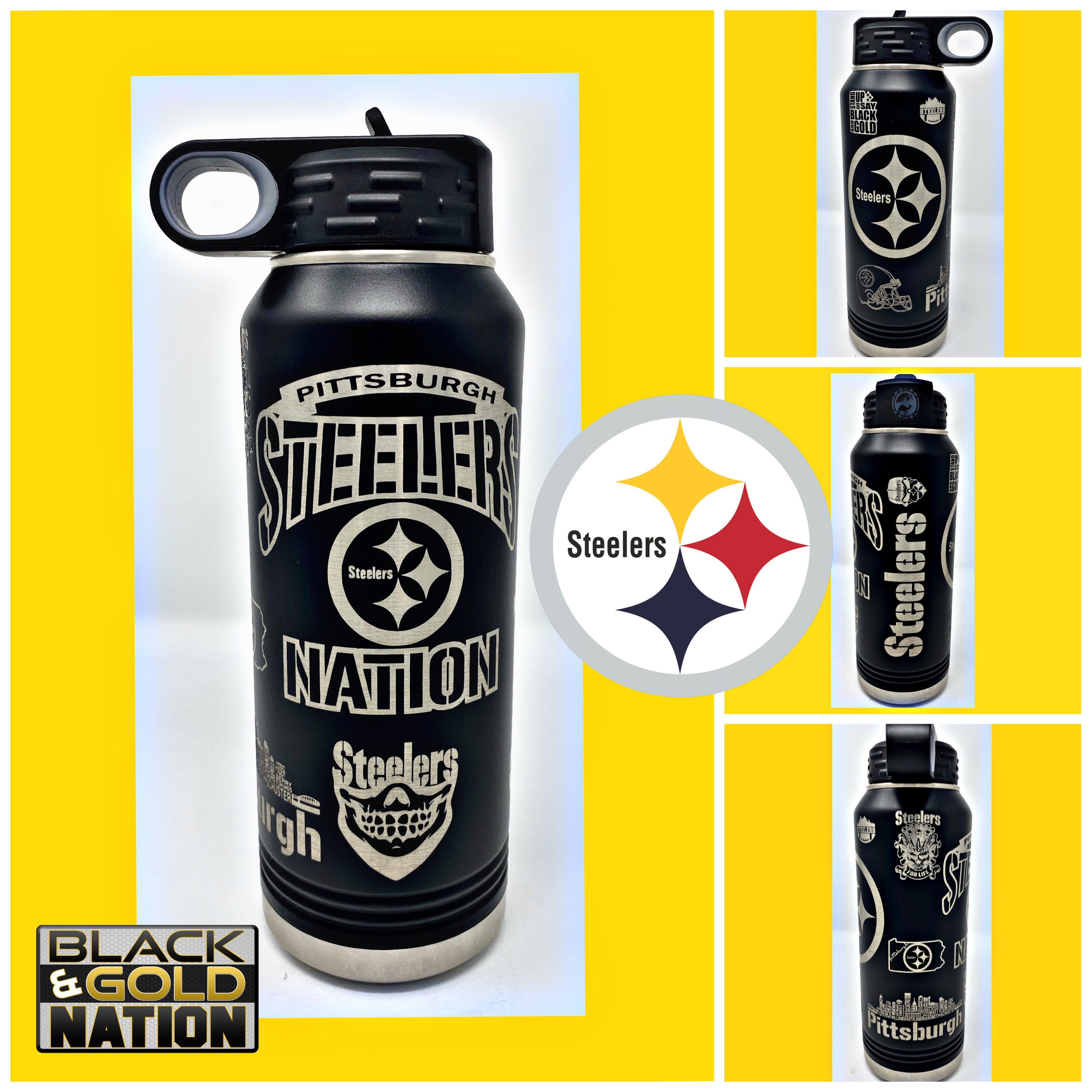 Pittsburgh Steelers 20 Oz, 32 Oz. or 40 Oz. Custom Water Bottle 