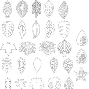 May include: A set of 30 black and white leaf-shaped earring designs. The designs include various leaf shapes, such as monstera, fern, and maple leaves.