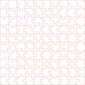 May include: A white jigsaw puzzle with 100 pieces. The puzzle pieces are outlined in red.