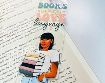 Acrylic Bookmark | Books are my love language| Black Girl with Bangs