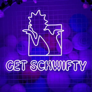 Peut inclure: Un panneau lumineux n&eacute;on avec un contour blanc d'un personnage de dessin anim&eacute; et le texte "GET SCHWIFTY" sur un fond de grille violette.