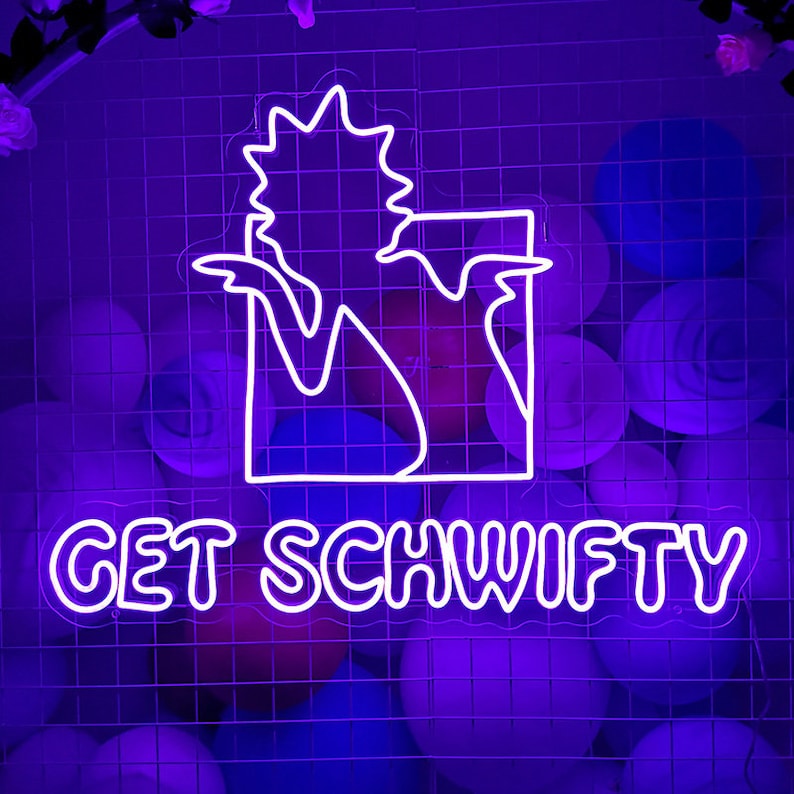 Peut inclure: Un panneau lumineux n&eacute;on avec un contour blanc d'un personnage de dessin anim&eacute; et le texte "GET SCHWIFTY" sur un fond de grille violette.