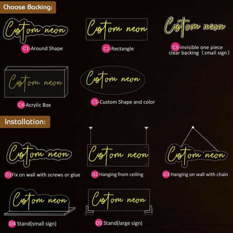 May include: Diagram showing different backing and installation options for custom neon signs. Options include around shape, rectangle, acrylic box, custom shape and color, fix on wall with screws or glue, hanging from ceiling, hanging on wall with chain, stand (small sign), and stand (large sign).