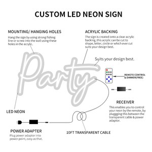 Peut inclure: Un panneau lumineux n&eacute;on blanc qui dit "Party" avec un c&acirc;ble transparent de 3 m&egrave;tres, un adaptateur secteur et une t&eacute;l&eacute;commande avec variateur. Le panneau est mont&eacute; sur un support en acrylique transparent.