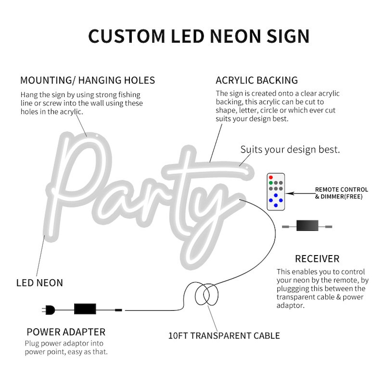 Peut inclure: Un panneau lumineux n&eacute;on blanc qui dit "Party" avec un c&acirc;ble transparent de 3 m&egrave;tres, un adaptateur secteur et une t&eacute;l&eacute;commande avec variateur. Le panneau est mont&eacute; sur un support en acrylique transparent.