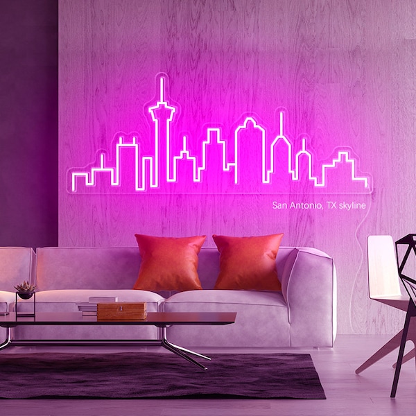 Horizonte de San Antonio TX, letrero de neón LED, decoración de sala de estar, regalo para amigo, letrero de neón personalizado, regalo de cumpleaños, horizonte de la ciudad, neón de arte de pared