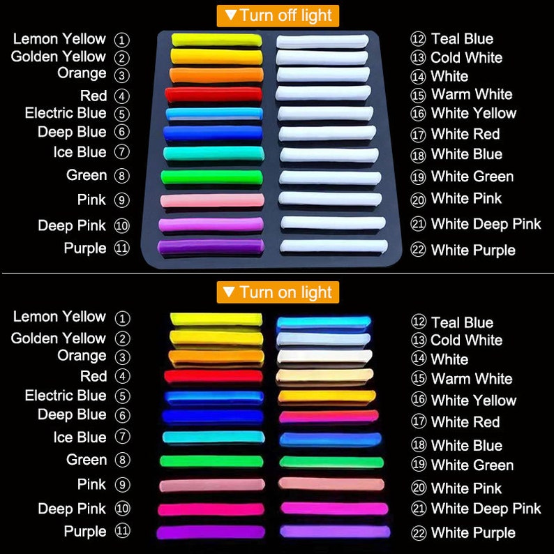 Peut inclure: Un tableau montrant 22 couleurs diff&eacute;rentes de b&acirc;tonnets lumineux, avec les couleurs &eacute;tiquet&eacute;es sur le c&ocirc;t&eacute; gauche du tableau. La rang&eacute;e du haut montre les couleurs des b&acirc;tonnets lumineux lorsqu'ils sont &eacute;teints, et la rang&eacute;e du bas montre les couleurs des b&acirc;tonnets lumineux lorsqu'ils sont allum&eacute;s. Les b&acirc;tonnets lumineux sont dispos&eacute;s en colonne verticale, chaque couleur ayant sa propre rang&eacute;e. Les couleurs sont : Jaune citron, Jaune dor&eacute;, Orange, Rouge, Bleu &eacute;lectrique, Bleu fonc&eacute;, Bleu glac&eacute;, Vert, Rose, Rose fonc&eacute;, Violet, Bleu sarcelle, Blanc froid, Blanc, Blanc chaud, Jaune blanc, Rouge blanc, Bleu blanc, Vert blanc, Rose blanc, Rose fonc&eacute; blanc, et Violet blanc.