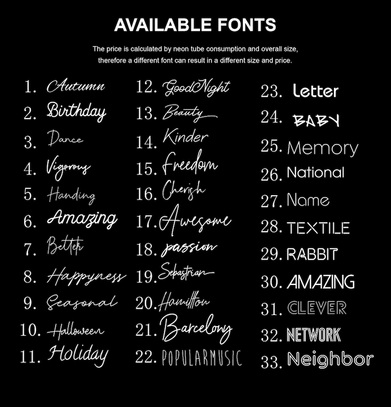 Peut inclure: Une image en noir et blanc listant 33 styles de polices diff&eacute;rents pour les enseignes au n&eacute;on. Les styles de polices sont list&eacute;s dans l'ordre num&eacute;rique avec le nom de chaque style de police.