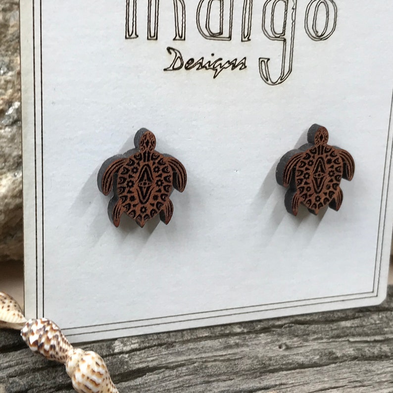 Mandala Turtle Exotic Red Heart Wood Earrings