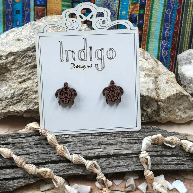 Mandala Turtle Exotic Red Heart Wood Earrings