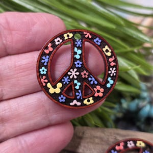 Hand Painted Wood Peace Sign Boho Jewelry Component Exotic Red Wood Charm