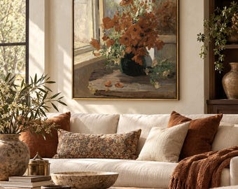 Printed Vintage Autumn Floral Wall Art Moody Oil Painting Print Framed Canvas Rustic Fall Decor