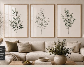 Set of 3 Printed & Framed Botanical Prints Sage Green Branch Decor Botanical Warm Ivory Background Gallery Art Set Triptych