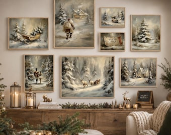 Christmas Printed Gallery Wall Art Set Neutral Vintage Holiday Canvas Gallery Winter Wonderland Prints
