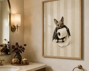 Printed Halloween Bat Bathroom Wall Art Framed Gothic Print Vintage Stripes Decor