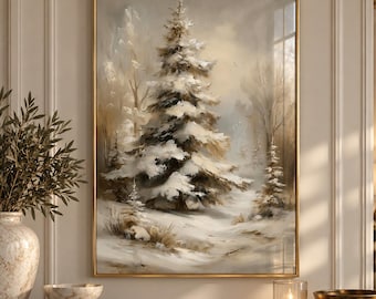 Printed Snow Covered Pine Tree Wall Art Framed Neutral Winter Forest Landscape Print Decor