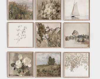 Square Muted Earthy Tone Prints: Vintage Farmhouse Wall Art Set (Digital Download)