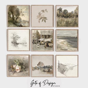 Square Vintage Art Gallery Set of 9 Prints Muted Printable Wall Art Collection Oil Painting Artwork Digital Download Neutral Wall Decor